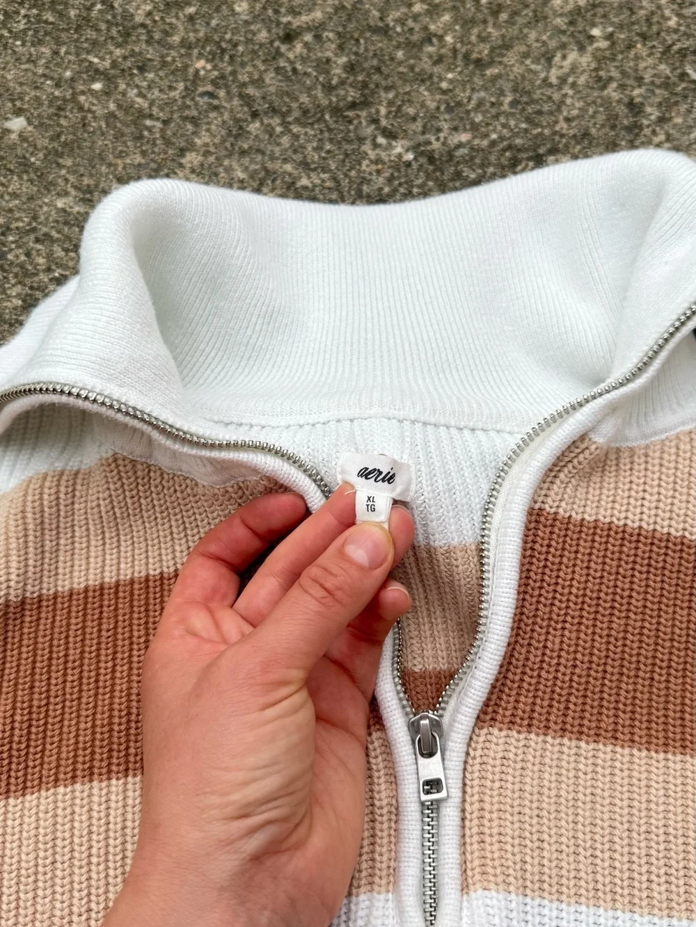 Aerie Striped Quarter-Zip Oversized Sweater in Cream & Tan size XL - Picture 7 of 12
